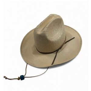 Round Up Straw Cowboy Hat Men‎ Size 7 Western Style Tan Leather Chin Strap